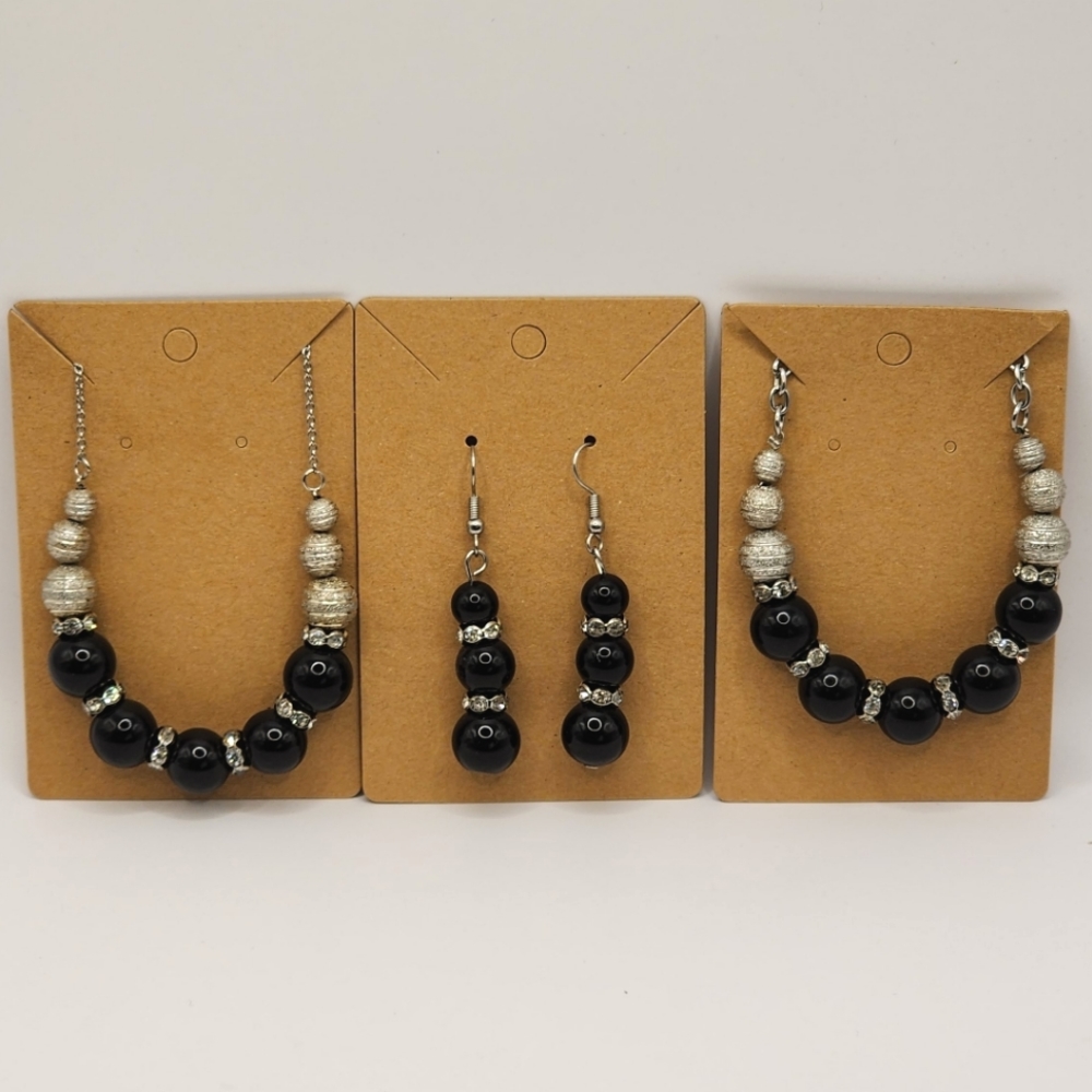 Necklace fishhook Earrings Bracelet Set Black Glass Clear rhinestone Silver bead
